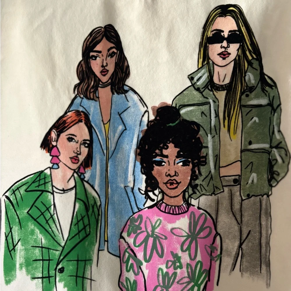 Zara Cool Girls Rare Graphic Illustration Print Crewneck Sweatshirt Pullover